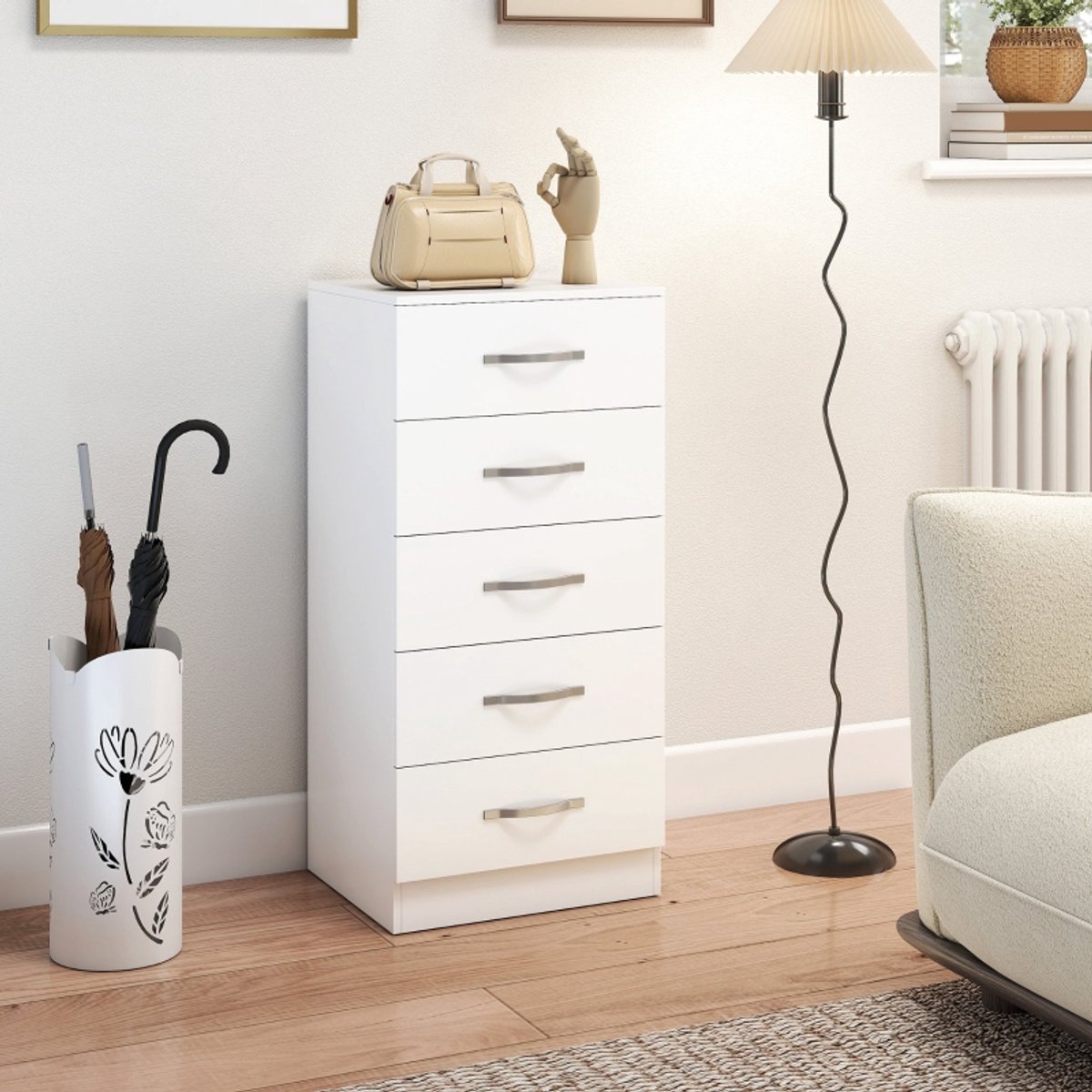 Wishdor - Kommode - Smal opbergmeubel met 5 laden - Modern - Slaapkamer, hal of woonkamer - Houtlook - Wit - 40 x 35 x 85 cm