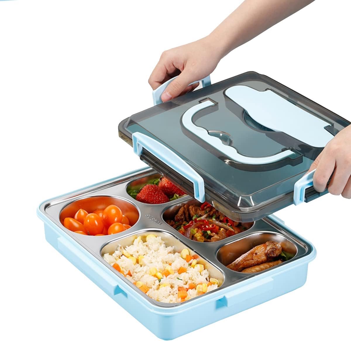 Lunchbox - Lunchbox kinderen - Lunchbox volwassenen - Lunchbox met vakjes -RVS Lunchbox met 5 Vakken – Bento Lunchbox van 304 Roestvrij Staal - Lekvrij met Uitneembare Verdeelplaat en Deksel - Picknick en Reizen 30 x 24 x 7 cm