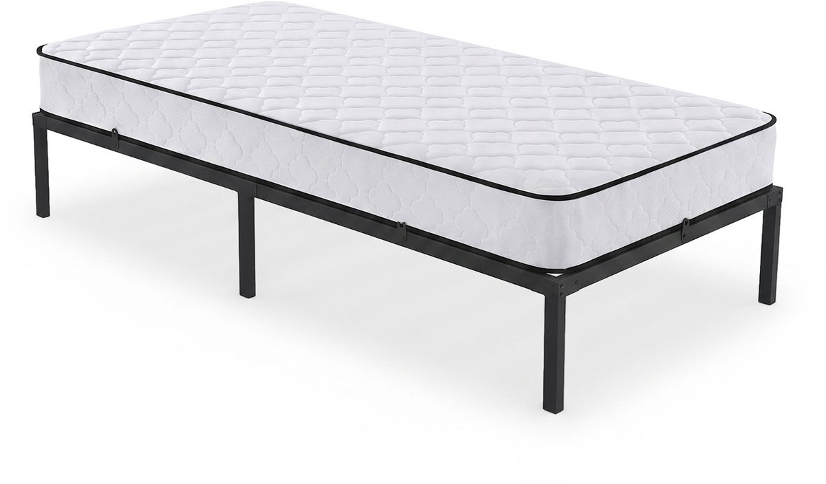 Metalen Bed / met Matras / 90x200 cm / Opklapbaar Logeerbed / Metalen Lattenbodem / 6 Poten / 10 Latten/ Zwart