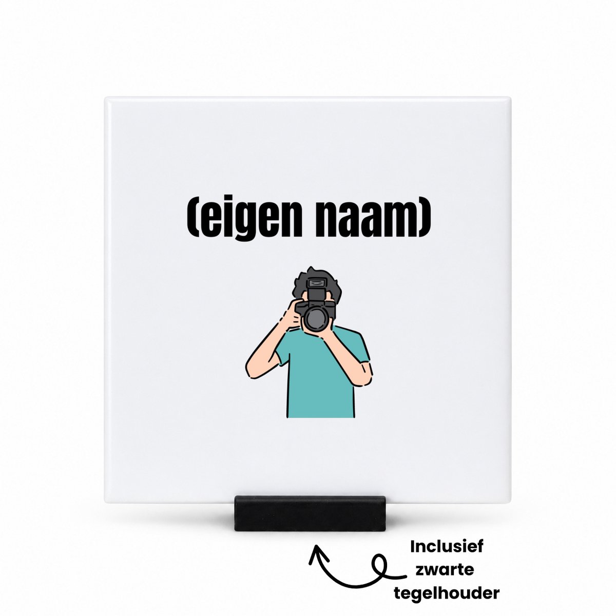 Hacebo fotograaf man met eigen naam tegeltje met tegelhouder - Fotograaf - fotografen - tegeltjes met tekst - leuk cadeau voor iemand die houd van foto's maken - cadeau - kado - spreuktegels - 10.8x10.8 CM Wit