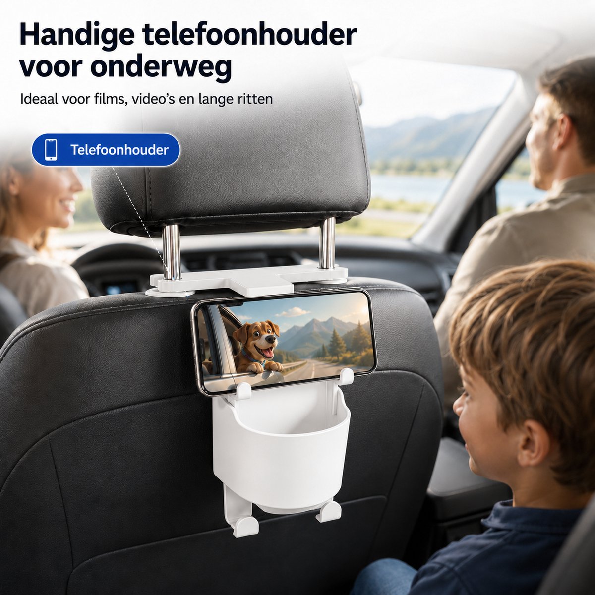 Skushy achterbank organizer met bekerhouder - personaliseerbare auto opberger voor drankjes, snacks, telefoon, doekjes en kleine reisaccessoires, eenvoudig aan de hoofdsteun te bevestigen voor een opgeruimde achterbank
