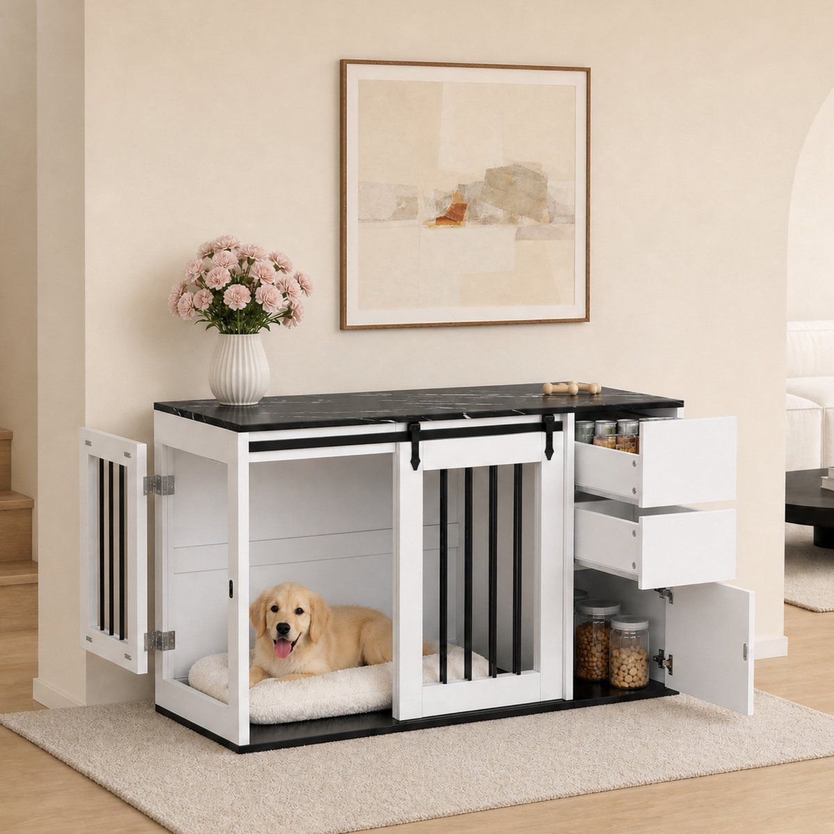 2-in-1 Hondenbench Meubeldesign - Hout-metaal constructie - Als bijzettafel - Voor kleine tot middelgrote honden - 140x60x87 cm - Witte kleur met zwart marmerlook tafelblad