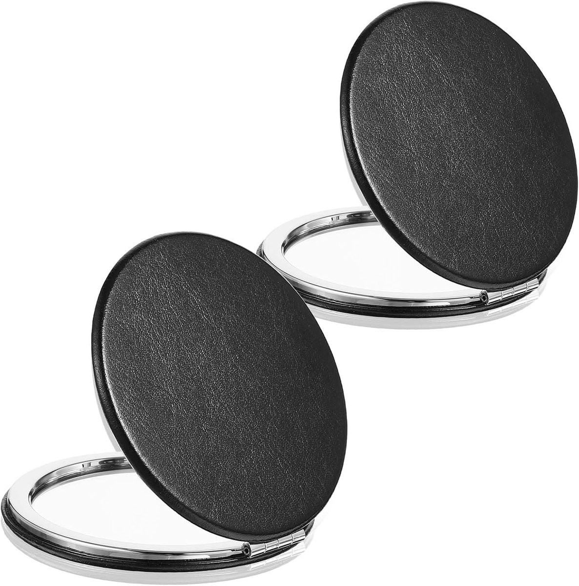 SnelShoppen - 2 Stuks Compacte Makeup Spiegel - Dubbelzijdig 1X/2X Vergrotend - Ronde Reis Spiegel - Zwart - Luxe PU Leer - Voor Mannen, Vrouwen en Me