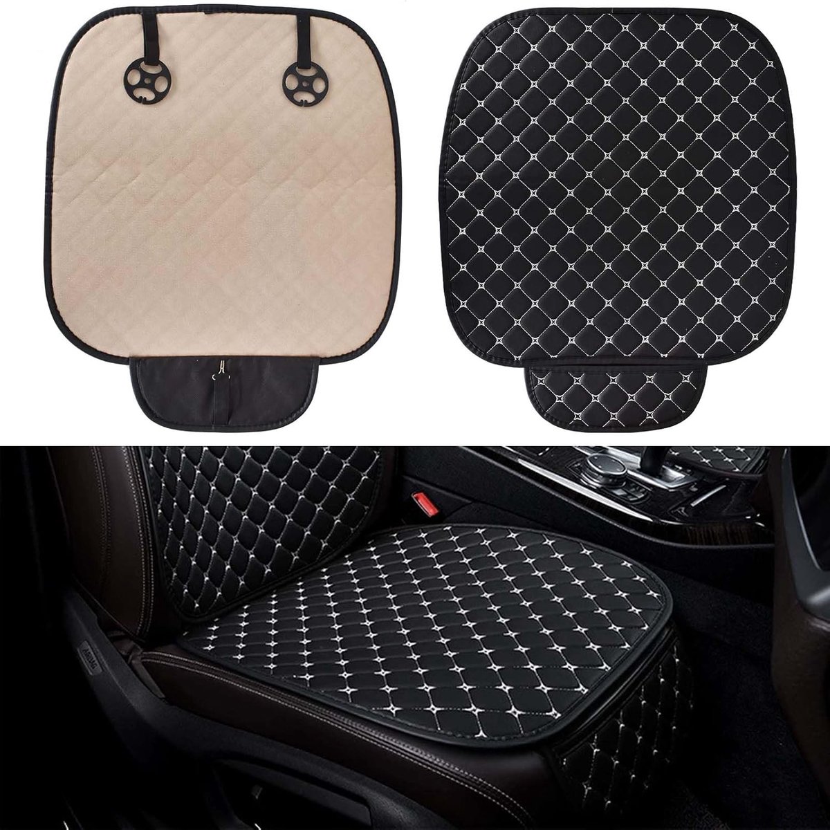 SnelShoppen - Universele Autostoel Kussens Zacht Leer met Diamantpatroon Antislip Auto Zitkussen Ademend Voor de Meeste Auto's (Zwart & Wit)