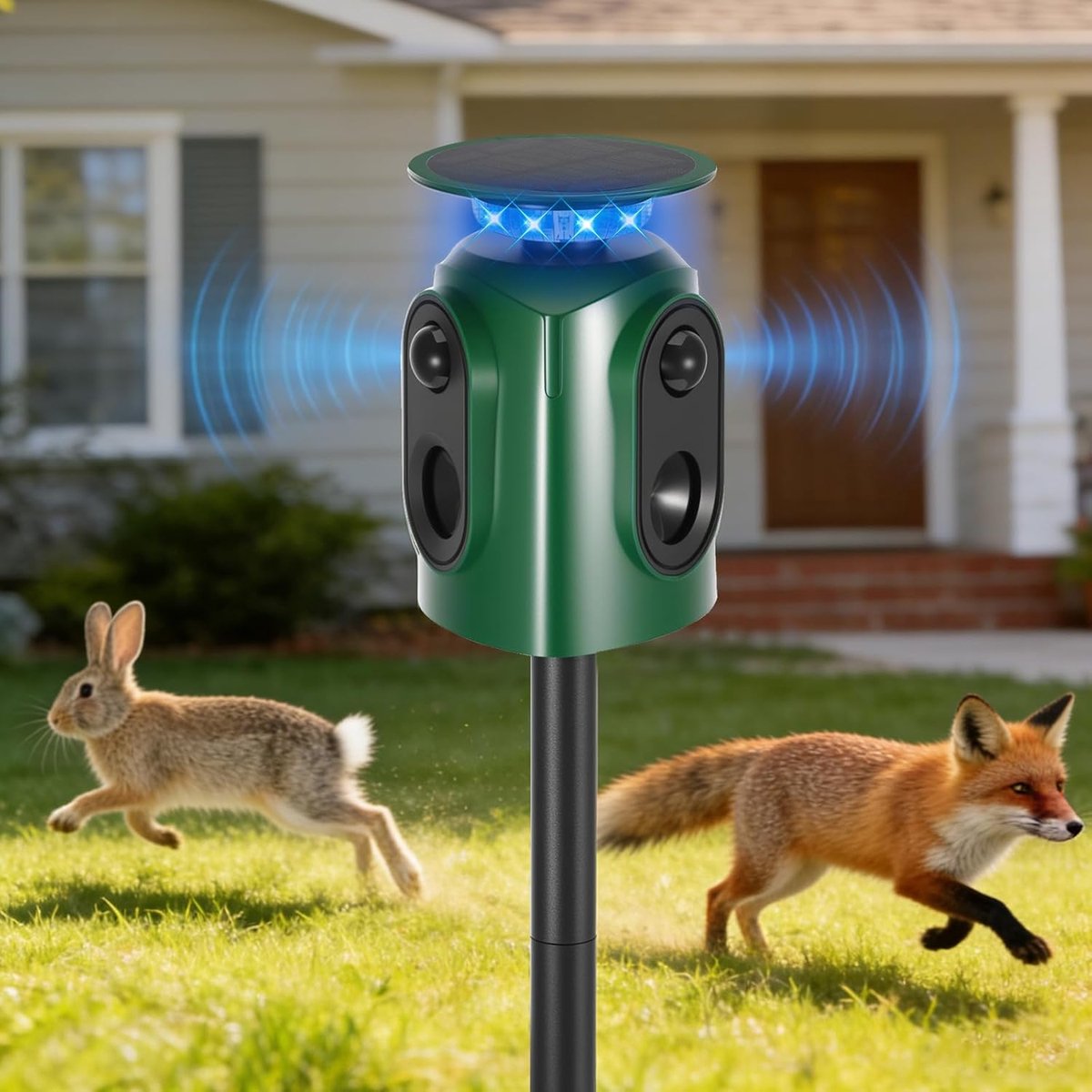 SnelShoppen - Kattenverjager voor de tuin - 360 graden ultrasone dierenverjager met PIR-bewegingssensor, LED-knipperlicht & alarmgeluid, IP65 waterdic