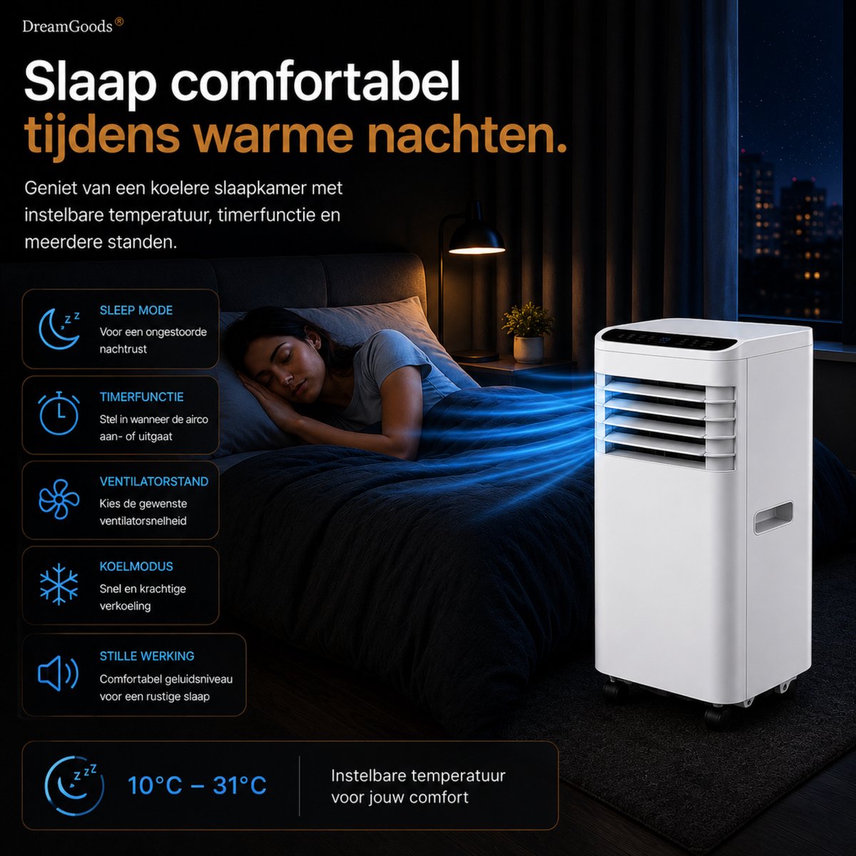 DreamGoods Mobiele Airco - 7000 BTU - 3-IN-1 Airco met Afvoerslang - Verkoelen, Ventileren & Ontvochtigen - Airco voor Slaapkamer - Airconditioning met Raamafdichtingskit — afbeelding 4