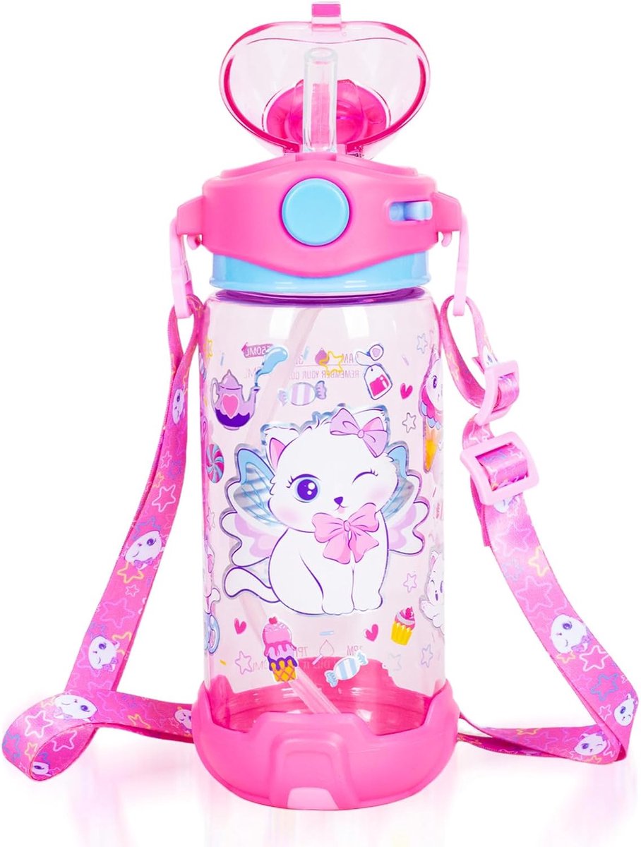 SnelShoppen - Kinderen Drinkfles met Rietje en Koord, 650 ml, BPA Vrij, Een-Klik Open, Lekvrij Flipdeksel, School, Sport, Reizen, Kat, Roze