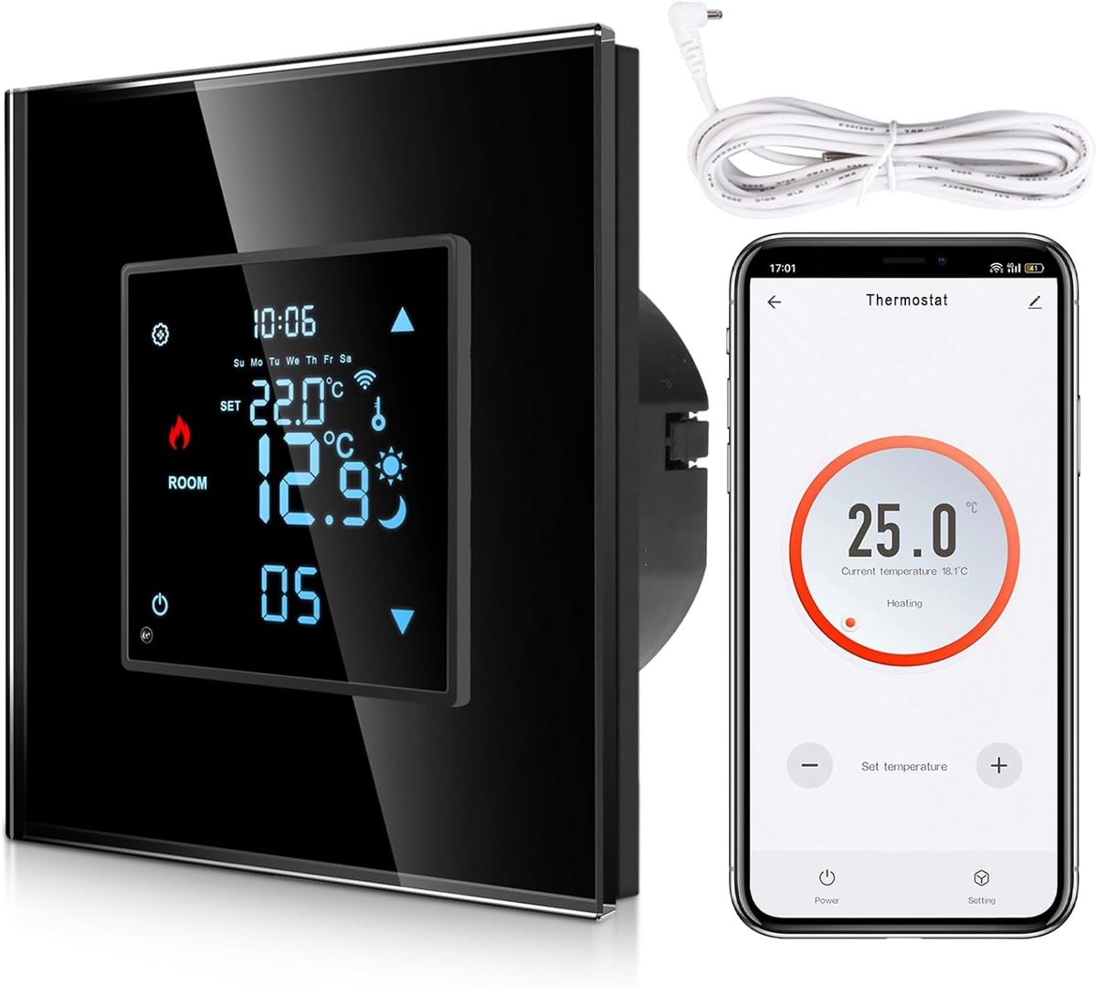 SnelShoppen - Slimme Digitale Thermostaat met Sensor voor Vloerverwarming en Waterverwarming, Compatibel met Alexa en Google Assistant, Zwart met Glaz