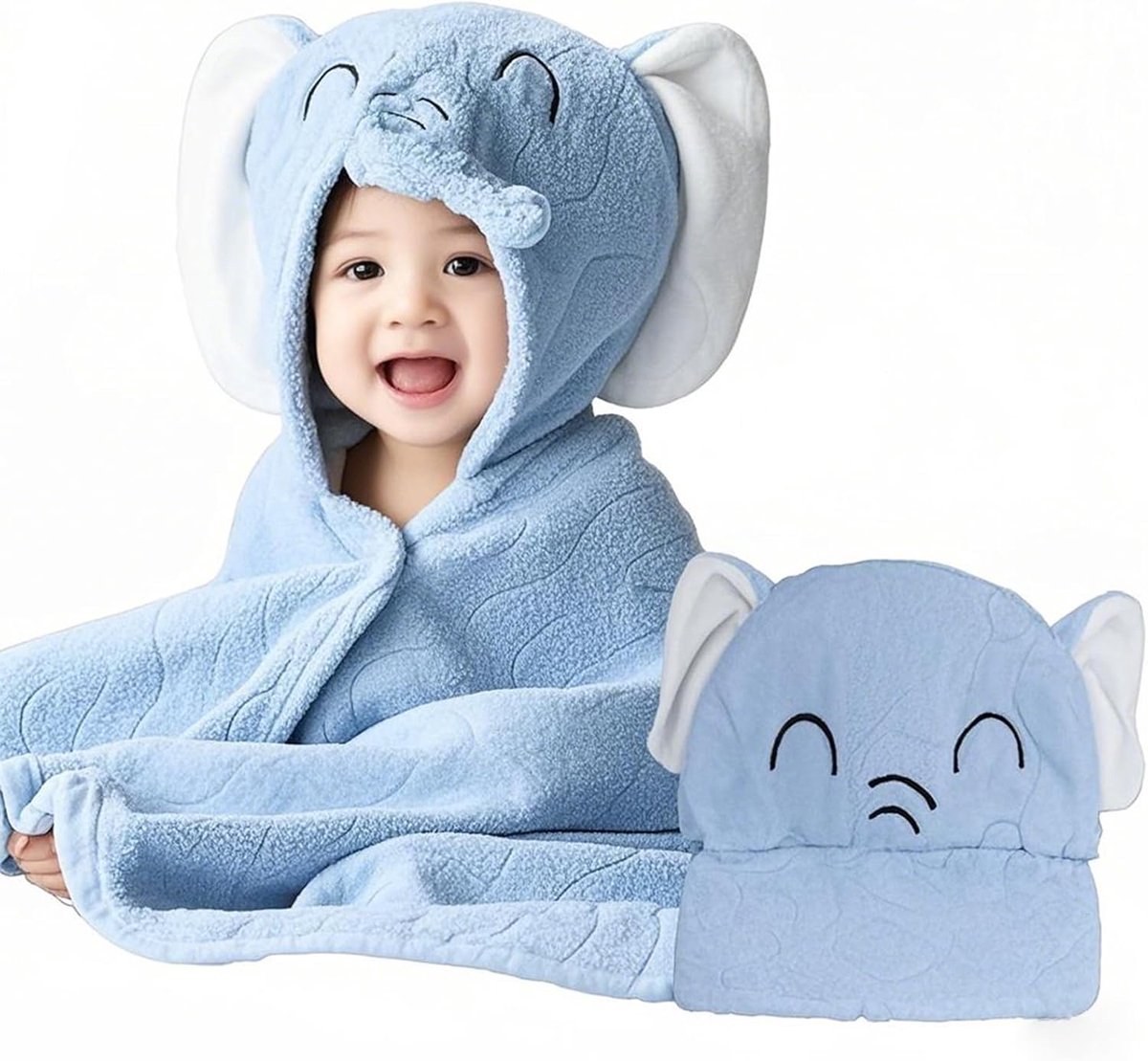 SnelShoppen - Schattige Baby Handdoek met Dieren Capuchon, Zachte Koraalfleece Babyhanddoek met Hoed, Grote Badhanddoek voor Peuters (68,5 x 141,5 cm)