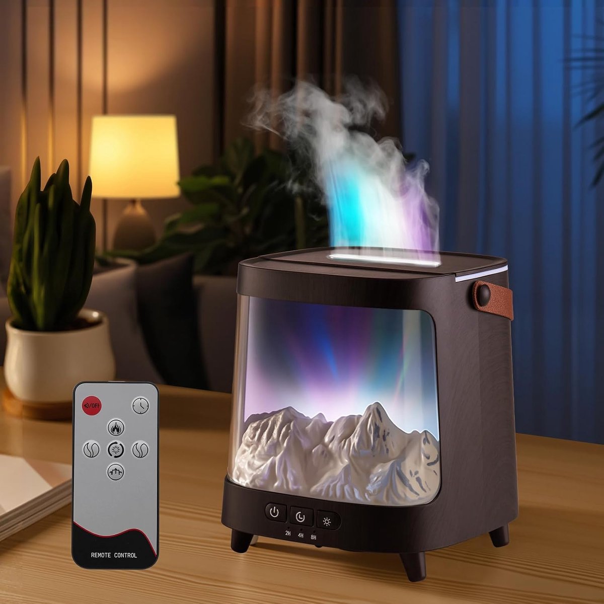 SnelShoppen - Flame Essential Oil Diffuser met Afstandsbediening, Aromatherapie Vernevelaar met Sneeuwlandschap en Noorderlicht, Luchtbevochtiger voor