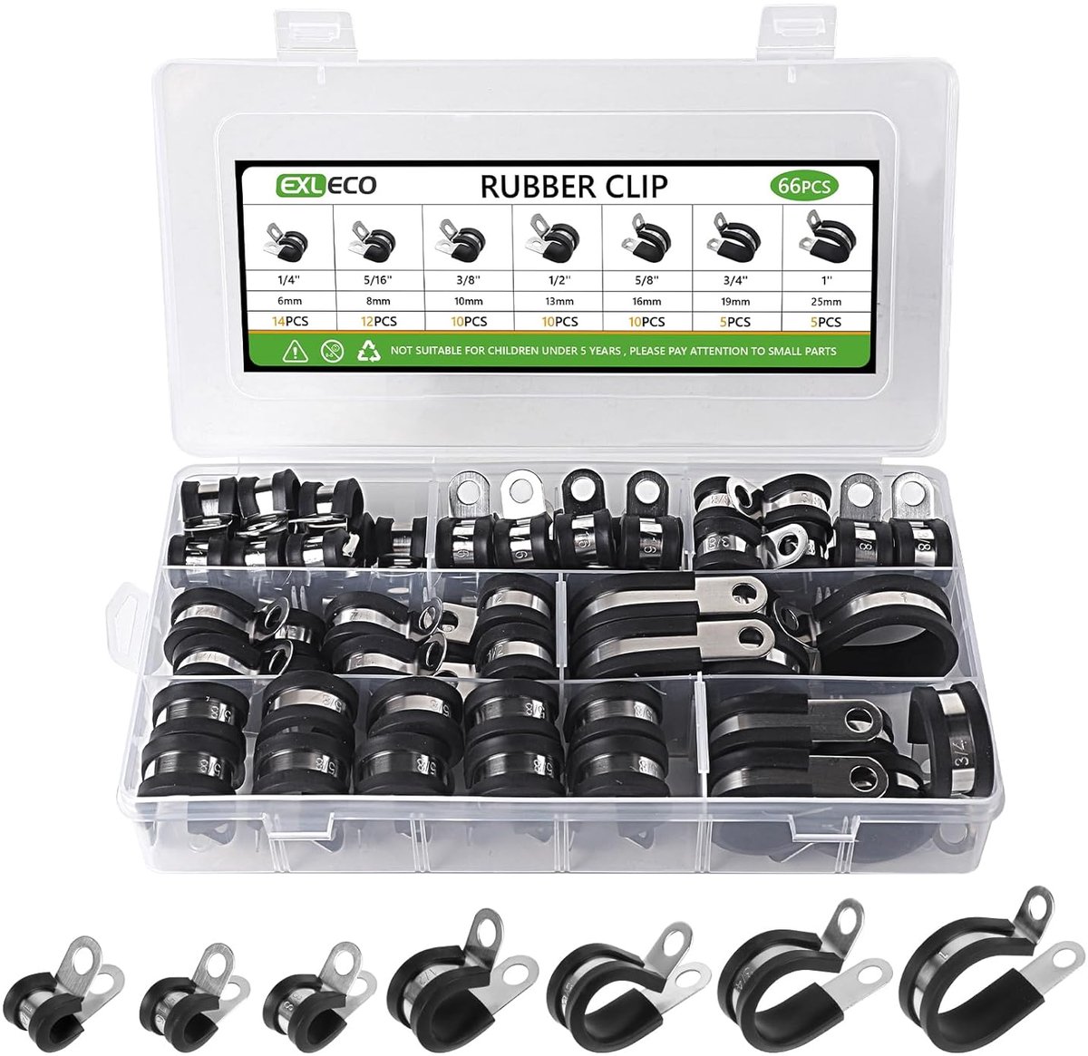 SnelShoppen - 66-delige RVS Kabelclips met Rubber Inserts - P-Clips en Buisklemmen voor 6mm, 8mm, 10mm, 13mm, 16mm - Ideaal voor Thuis, Tuin, en Werkp