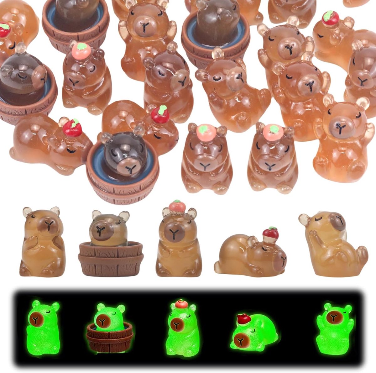 SnelShoppen - 30 Mini Capybara Figuren - Luminous Resin Speelgoed - Creatieve Decoratie voor Desk, Tuin, Feest en Kinderen - Handgemaakte Luminous Cap