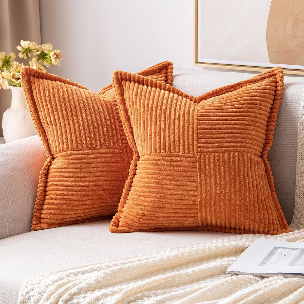 SnelShoppen - 2 Stuks Ribbed Velvet Kussenhoezen - Patchwork Design - Luxe Corduroy - Zacht en Duurzaam - Decoratief voor Sofa en Slaapkamer - Oranje