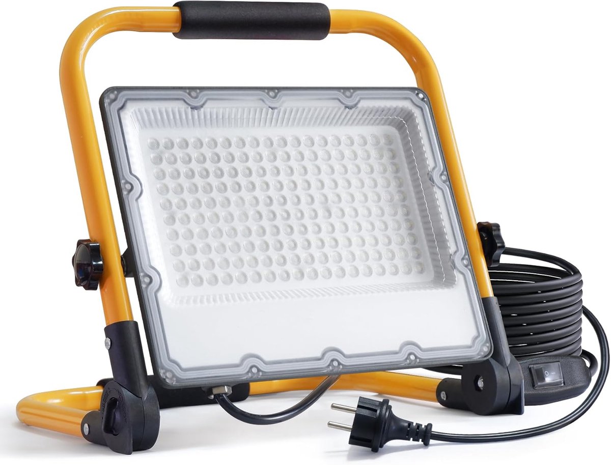 SnelShoppen - 150W LED Bouwlamp met Statief en 4M Kabel, Waterdichte Schakelaar, IP66, Werklicht voor Bouwplaats, Onderhoud, 6500K Koud Wit, 15000 Lum