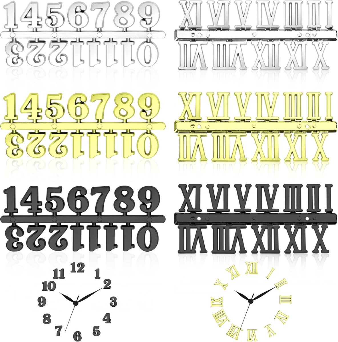 SnelShoppen - 6 Stuks Wandklok Cijfers Set - Zwarte, Gouden en Zilveren Arabische & Romeinse Numerals - DIY Klok Cijfers voor Vervanging & Reparatie -