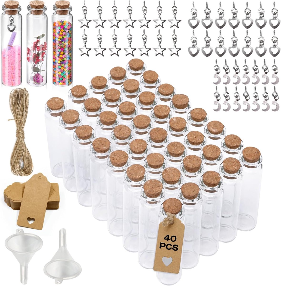 SnelShoppen - 40 Glazen Mini-Flessen met Kurk 20 ml - Kleine Reageerbuisjes met Hanger en Kaarten - Ideaal als Gastgeschenk voor Bruiloften, Feesten e