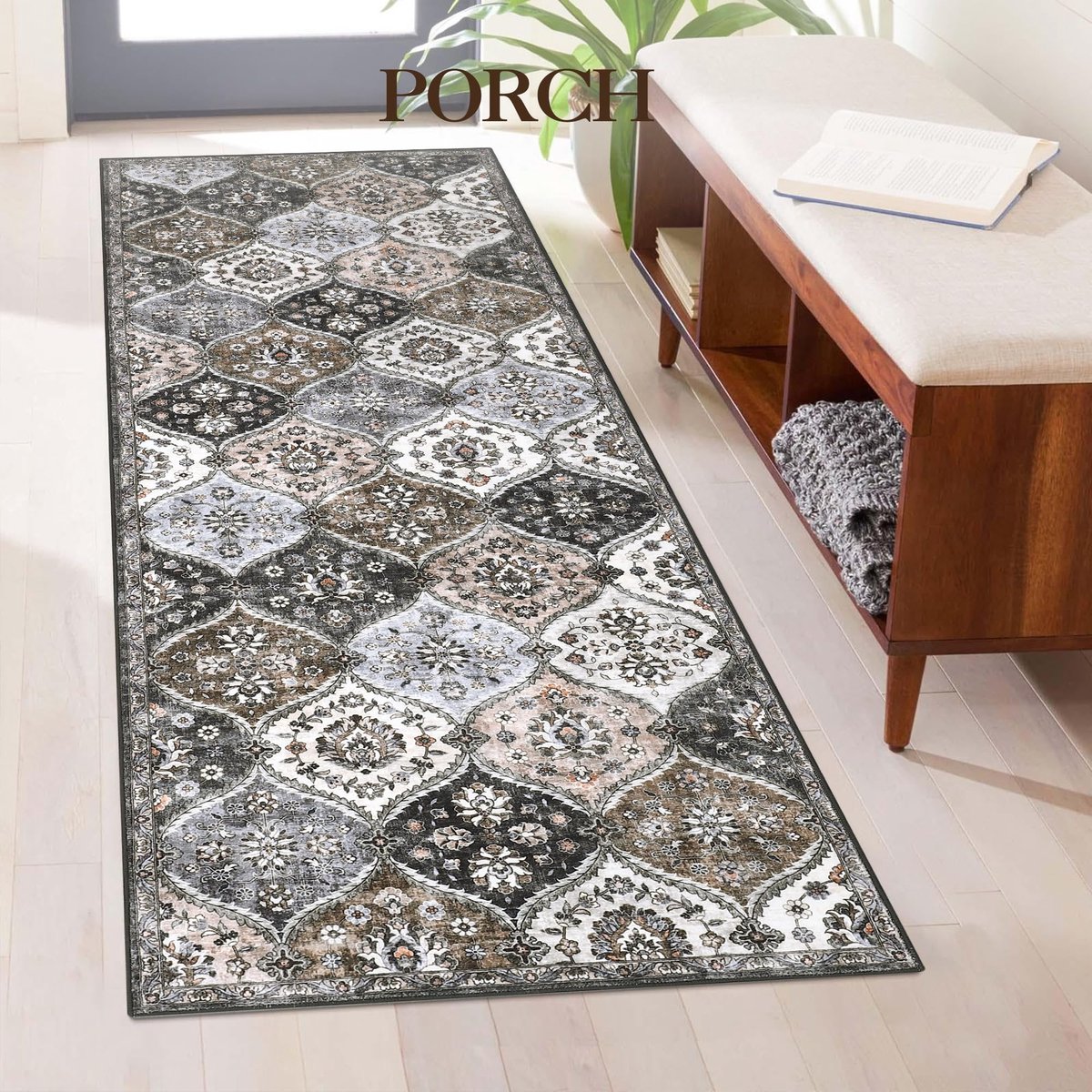 Gangloper - 80x150cm - Wasbare boho-tapijten antislip laagpolig opvouwbaar bloemenpatroon voor binnen - Taupe