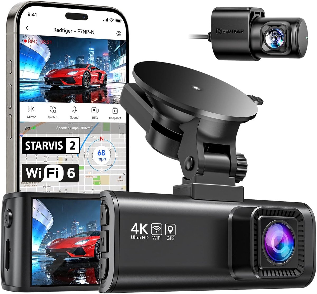 SnelShoppen - Dashcam Auto Achter 4K/2,5K met STARVIS 2, 3,18 inch IPS-Scherm, 5,8 GHz WiFi, GPS, 170° Groothoek, WDR, Tot 512 GB, Autocamera Voor Vei