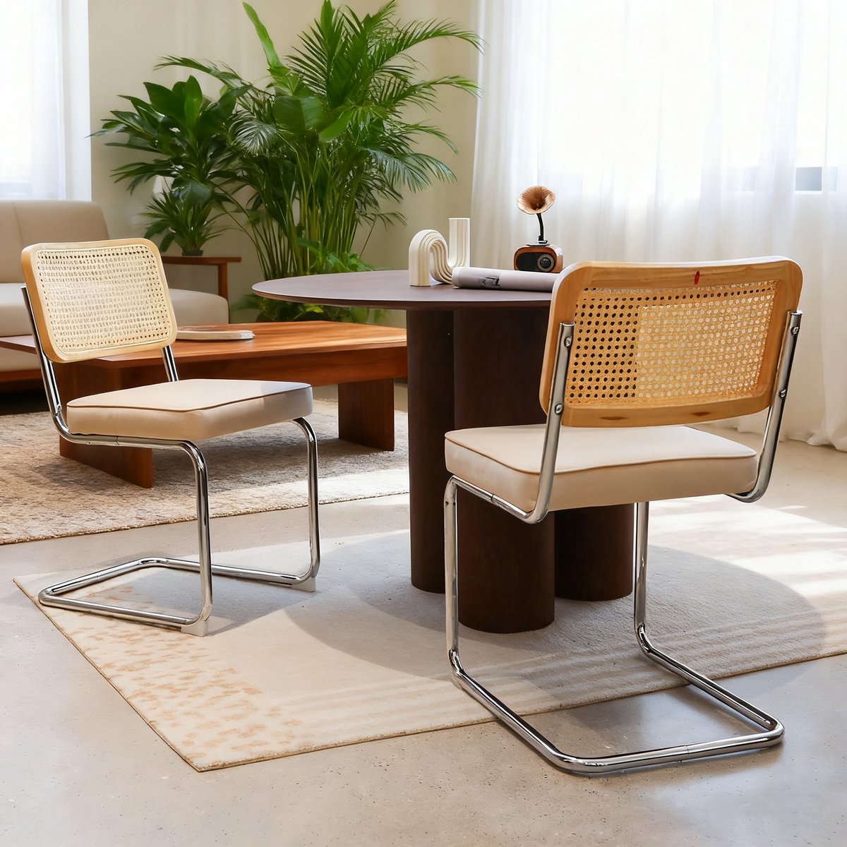 MEUNIQ Eetkamerstoel set van 2 in beige met velvet zitting, rotan rugleuning en chroom metalen sledeframe, stapelbaar voor eetkamer, keuken en woonkamer
