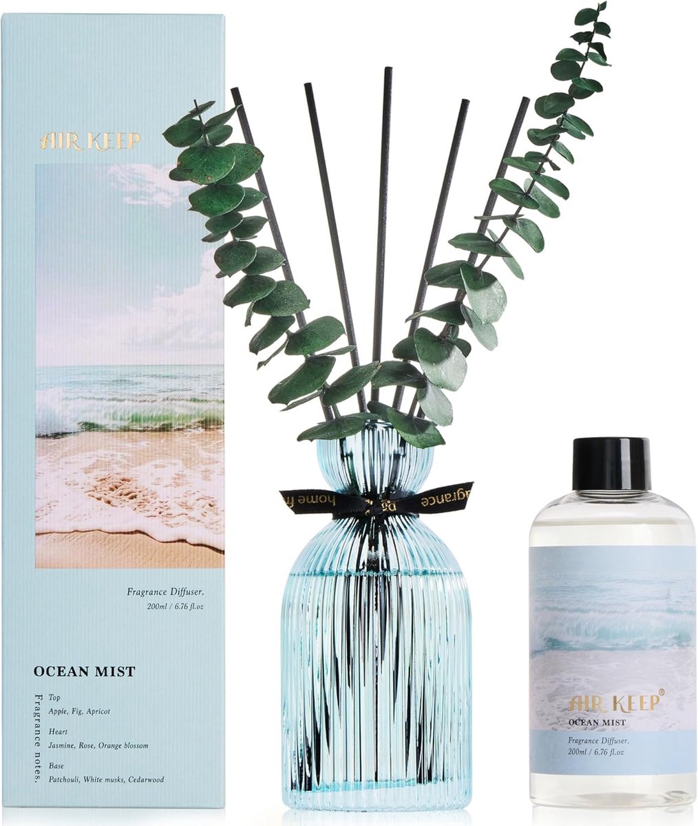 SnelShoppen - Geurdiffuser voor Thuis 200 ml - Ocean Mist Huisparfum met Geurstokjes, Decoratieve Glazen Fles voor Badkamer, Slaapkamer, Woonkamer en