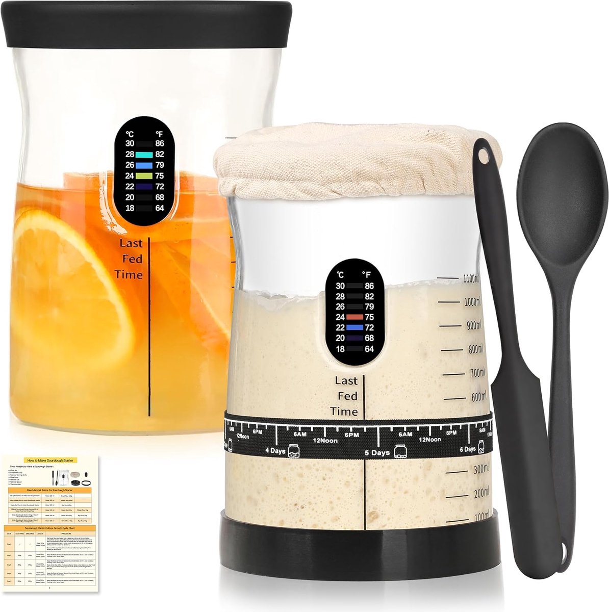 SnelShoppen - Zuurdesem Starter Kit 1.5L Glazen Zuurdesempot met Thermometer, Verstelbare Band met Datum en Maatverdeling, Siliconen Spatel en Lepel -