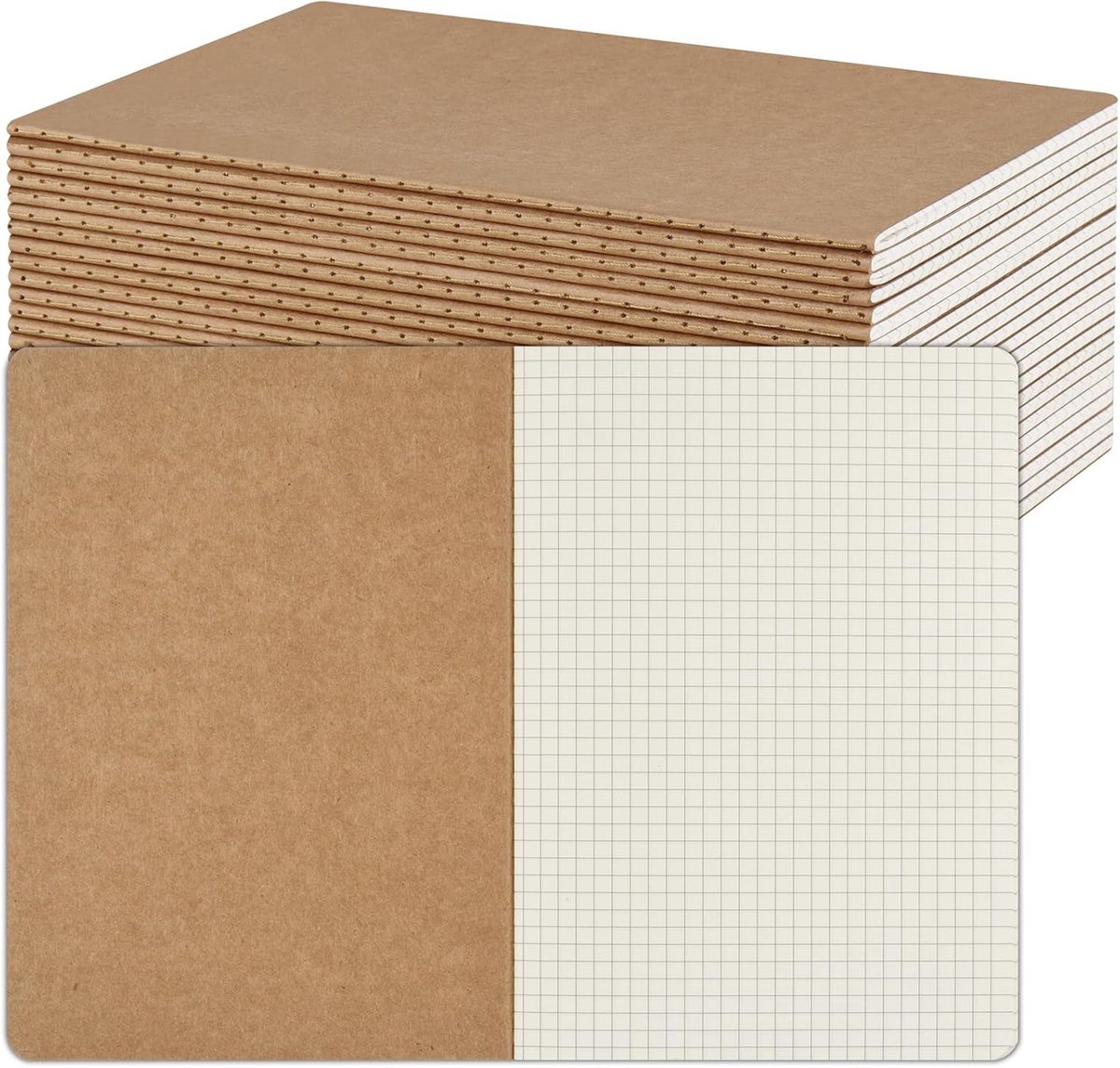 SnelShoppen - Set van 24 A5 Kraft Notitieboeken met 60 Pagina's - Ruitjes Notitieblokken - 80 gsm Papier voor Tekenen, Schrijven, Notities, School, Ka