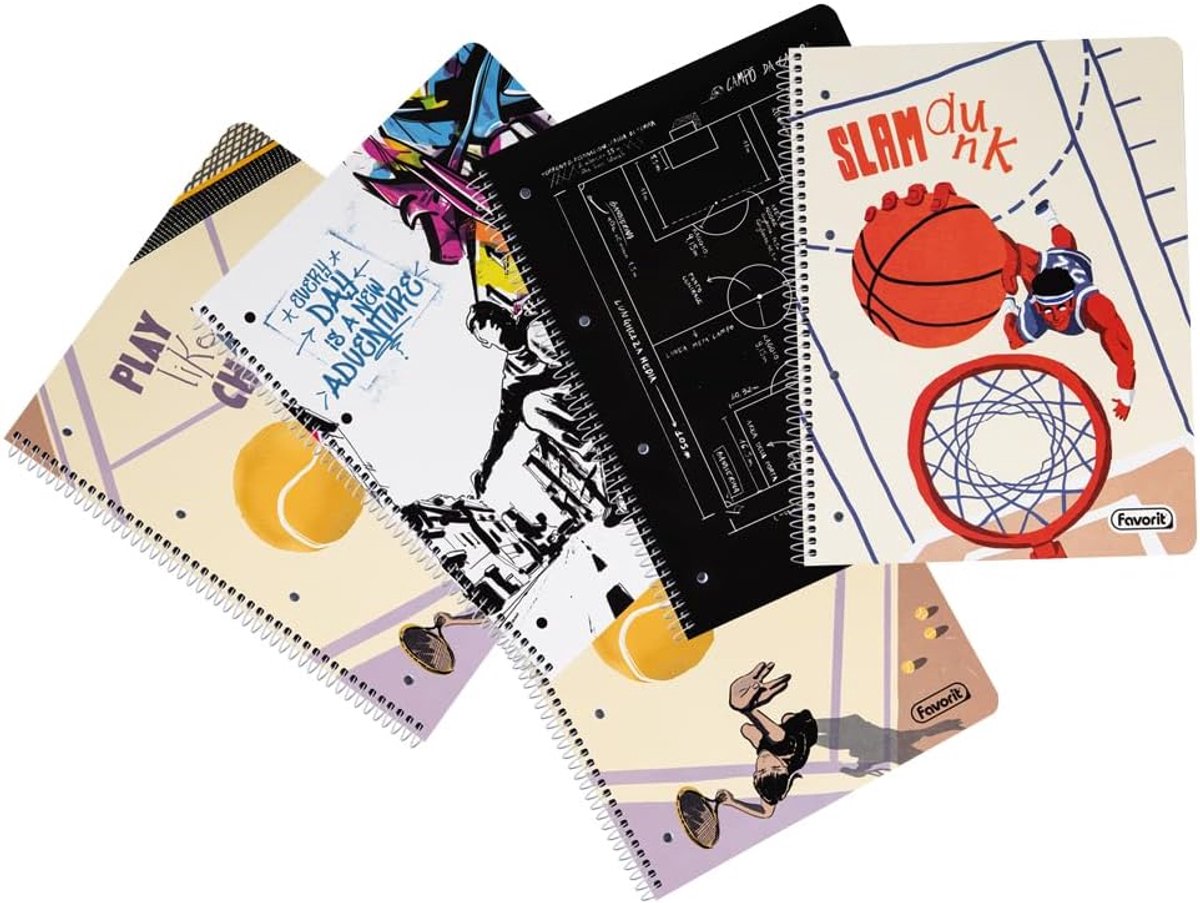 SnelShoppen - 5 Notitieboeken A4+ Gelinieerd met Spiraalbinding, Flexibele Kartonnen Omslag, Microperforatie, 4 Motieven + 1 Willekeurig, Perfect voor