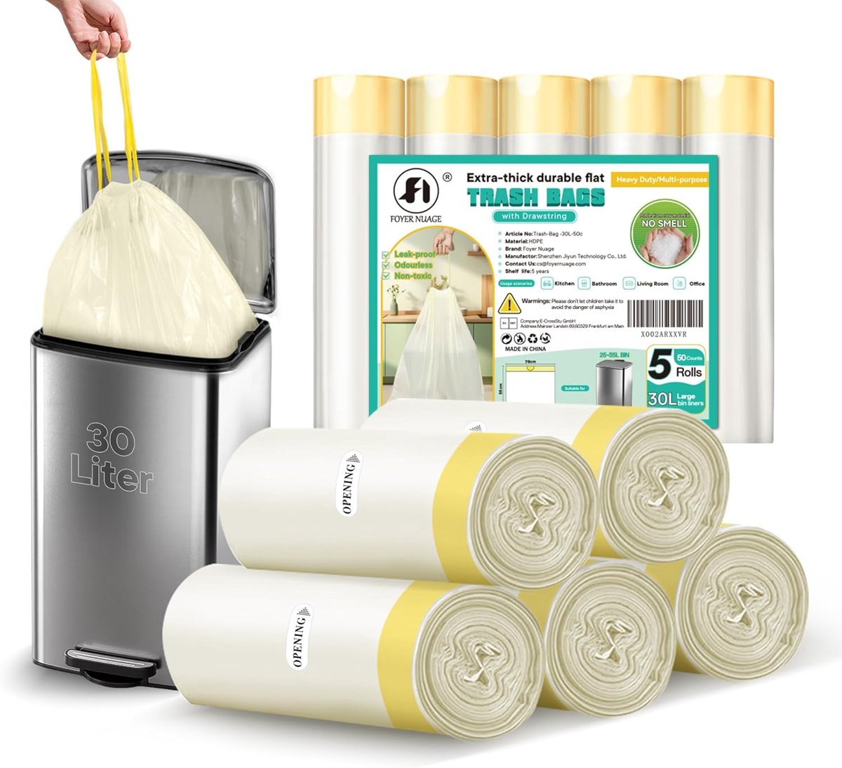 SnelShoppen - 30L Vuilniszakken met Trekkoord - 50 Stuks Dikke Plastic Afvalzakken - 70 x 55 cm - Ideaal voor Keuken, Slaapkamer, Kantoor, Tuin