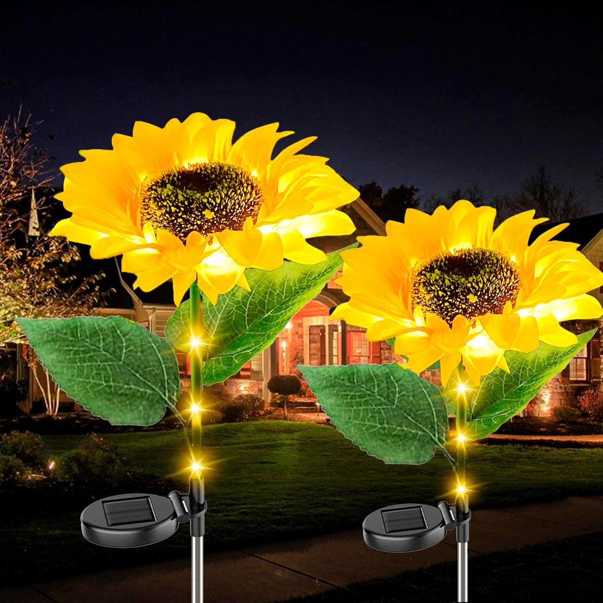SnelShoppen - Zonnelampen voor Buiten - 2 Stuks - Waterdichte Zonnebloem Tuindecoratie met Lichtgevende Stengels - IP65 - Perfect voor Gazon, Terras,