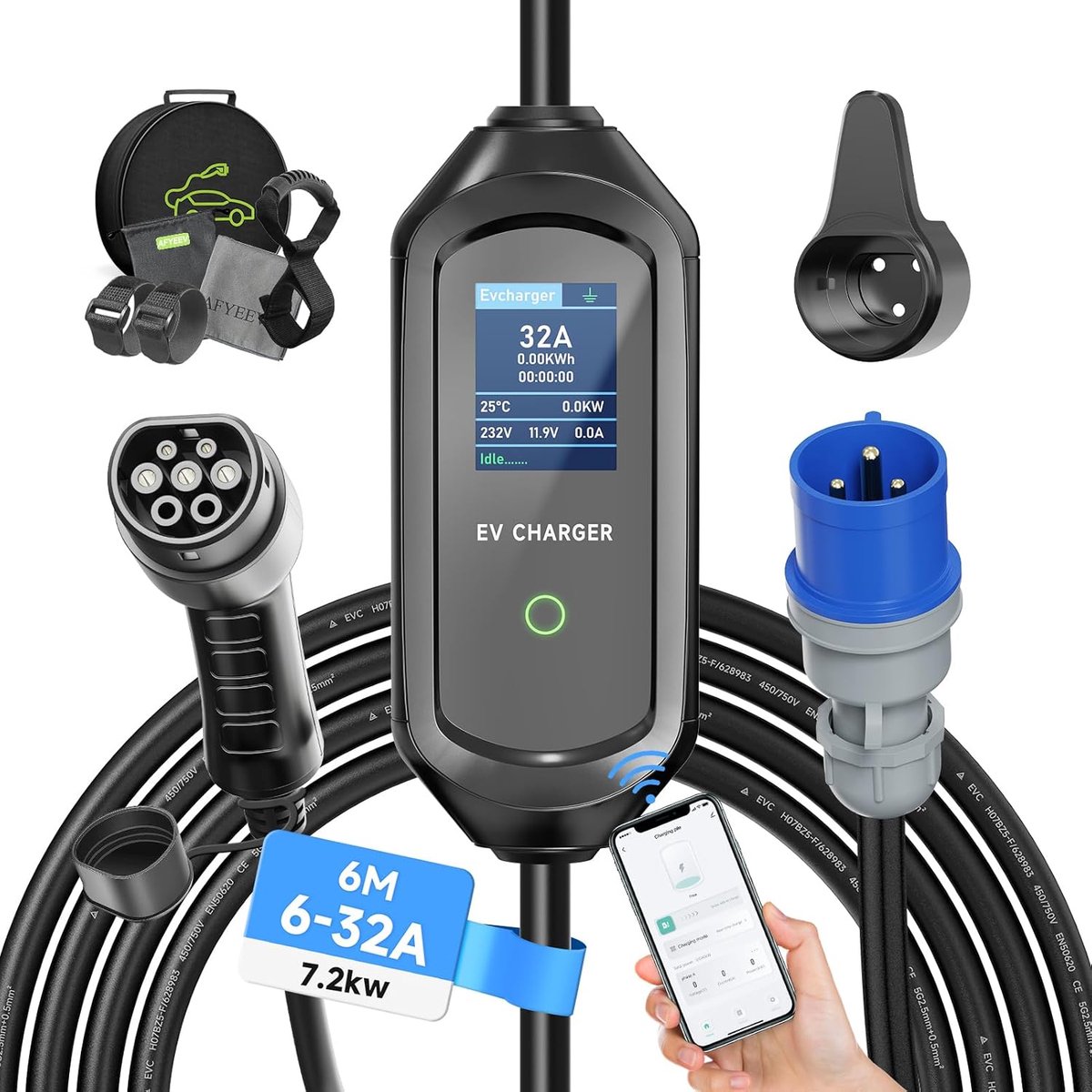 SnelShoppen - Type 2 EV Charger 7.2kW 6-32A 1fase, Snellader voor Elektrische Auto's met 6M Oplaadkabel en Tas, IEC 62196-2, Ideaal voor Thuis en onde