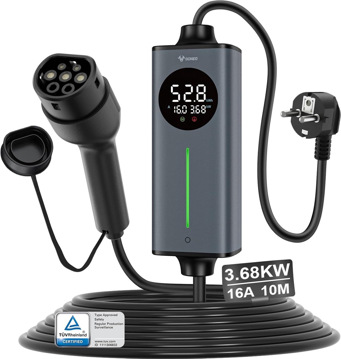 SnelShoppen - GONEO Oplaadkabel Elektrische Auto Type 2 Schuko 10M | Draagbaar 16A 3.68kW | Mobiele Oplaadstation met AC/DC Aardlekbeveiliging, Automa