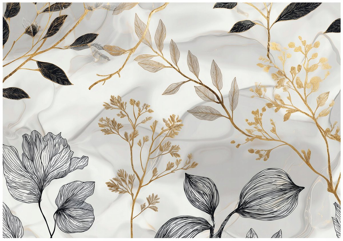 WALLARENA - Fotobehang - 200x140 cm - gouden bladeren in glamour stijl voor woonkamer en slaapkamer
