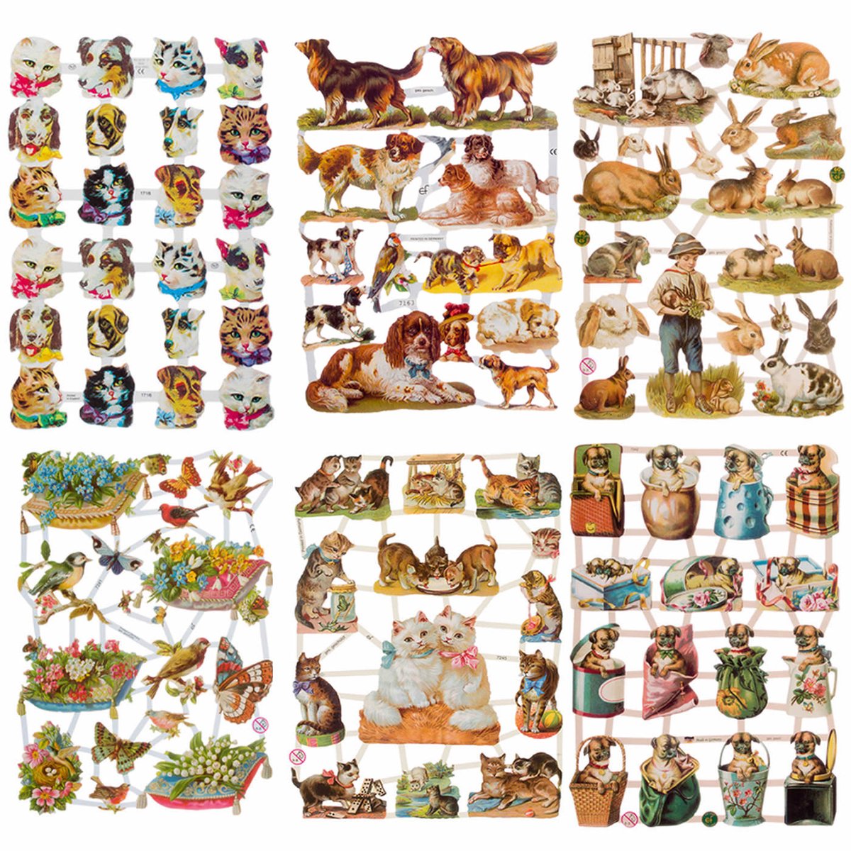 Poëzieplaatjes - 6 vellen - plaatjes - hobby - creatief - decoupage - knutselen - scrapboek - met VOGELS - VLINDERS - BLOEMEN - HONDJES