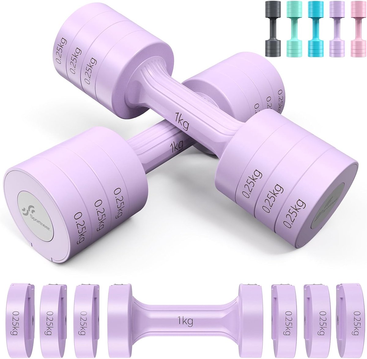 SnelShoppen - Verstelbare Dumbbell Set 4-in-1 voor Vrouwen - 2kg tot 5kg - Ideaal voor Thuis Gym - Gewichten in Paartjes - Purple