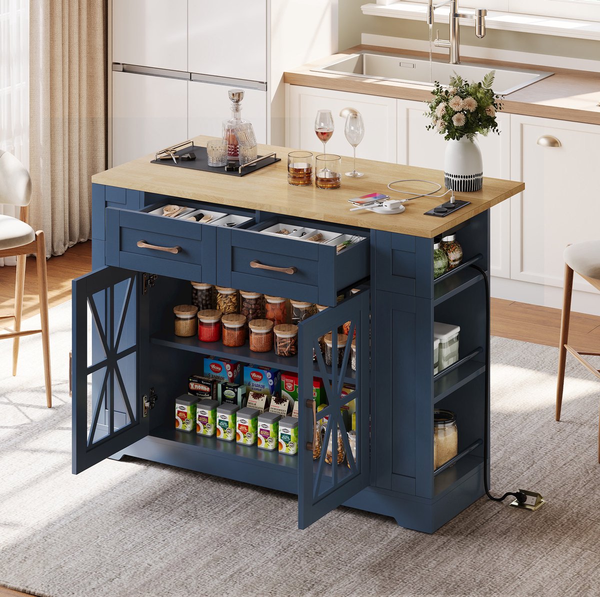 Wishdor Keukeneiland - Uitklapbaar werkblad - Met stopcontacten, USB en open opbergruimte - Modern - Keuken en eetkamer - Houtlook - Blauw - 120 x 65 x 92 cm