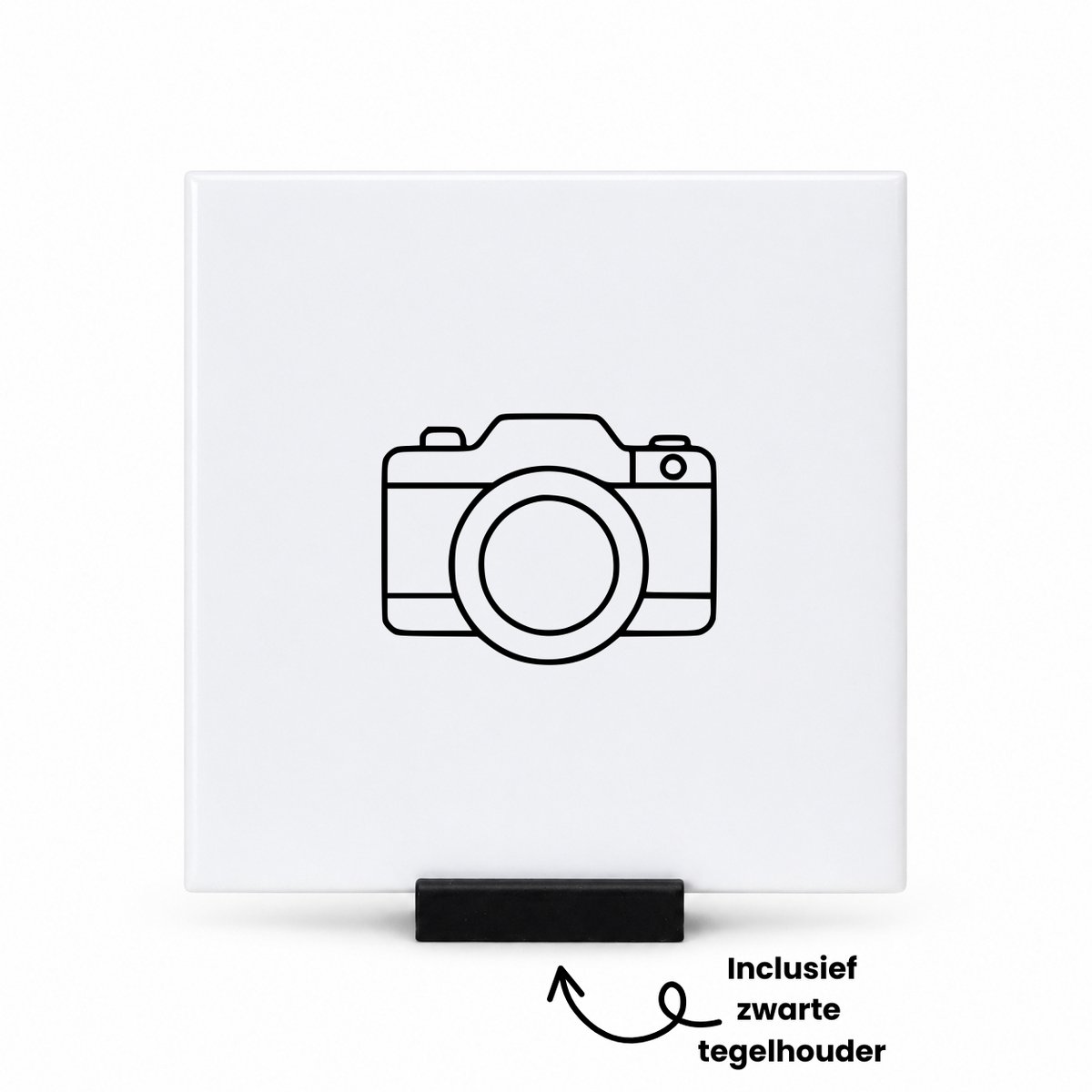 Hacebo Camera tegeltje met tegelhouder - Camera - Fotograaf - tegeltjes met tekst - Leuk cadeau voor iemand die fotograaf is - spreuktegels - 10.8x10.8 CM Wit