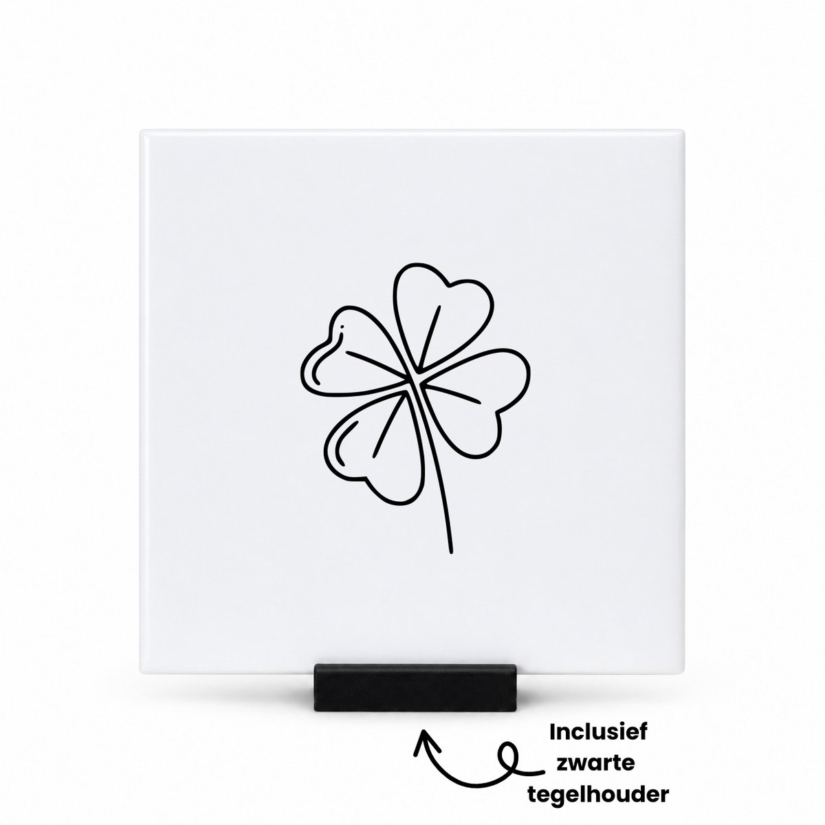 Hacebo Klavertje vier tegeltje met tegelhouder - Klavertje vier - Geluk - tegeltjes met tekst - Leuk kado voor iemand die geluk zoekt - spreuktegels - 10.8x10.8 CM Wit
