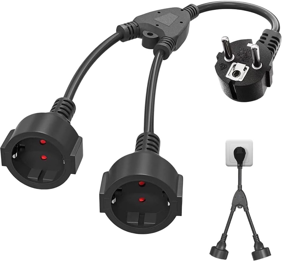 SnelShoppen - Extension Cable met 2-Weg Schuko Stopcontact, IP44 Waterdicht, Verlengsnoer 16 A/250 V, Dubbele Stekker, Zwart voor Tuin, Kamperen, Thui