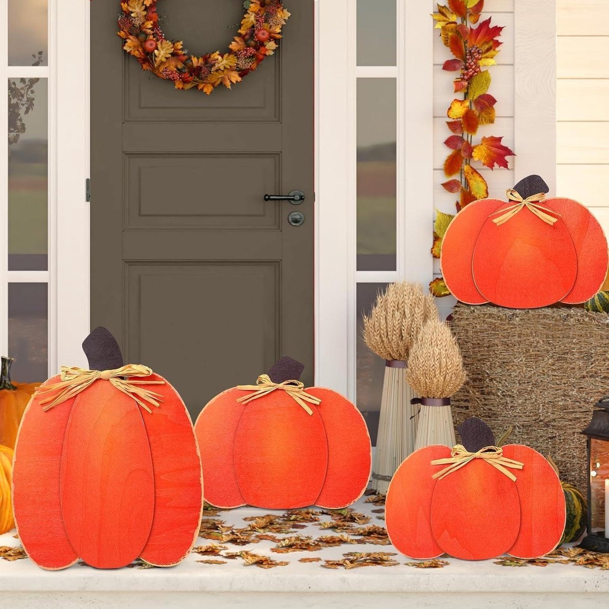 Houten Pompoenen - Herfst Decoratie - Buiten Versieren - Met Strikken - 4 Stuks - Oranje