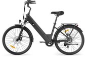 Zwarte Touroll J2 ST Pro elektrische fiets met bagagedrager en voorvering, staand op een witte achtergrond.