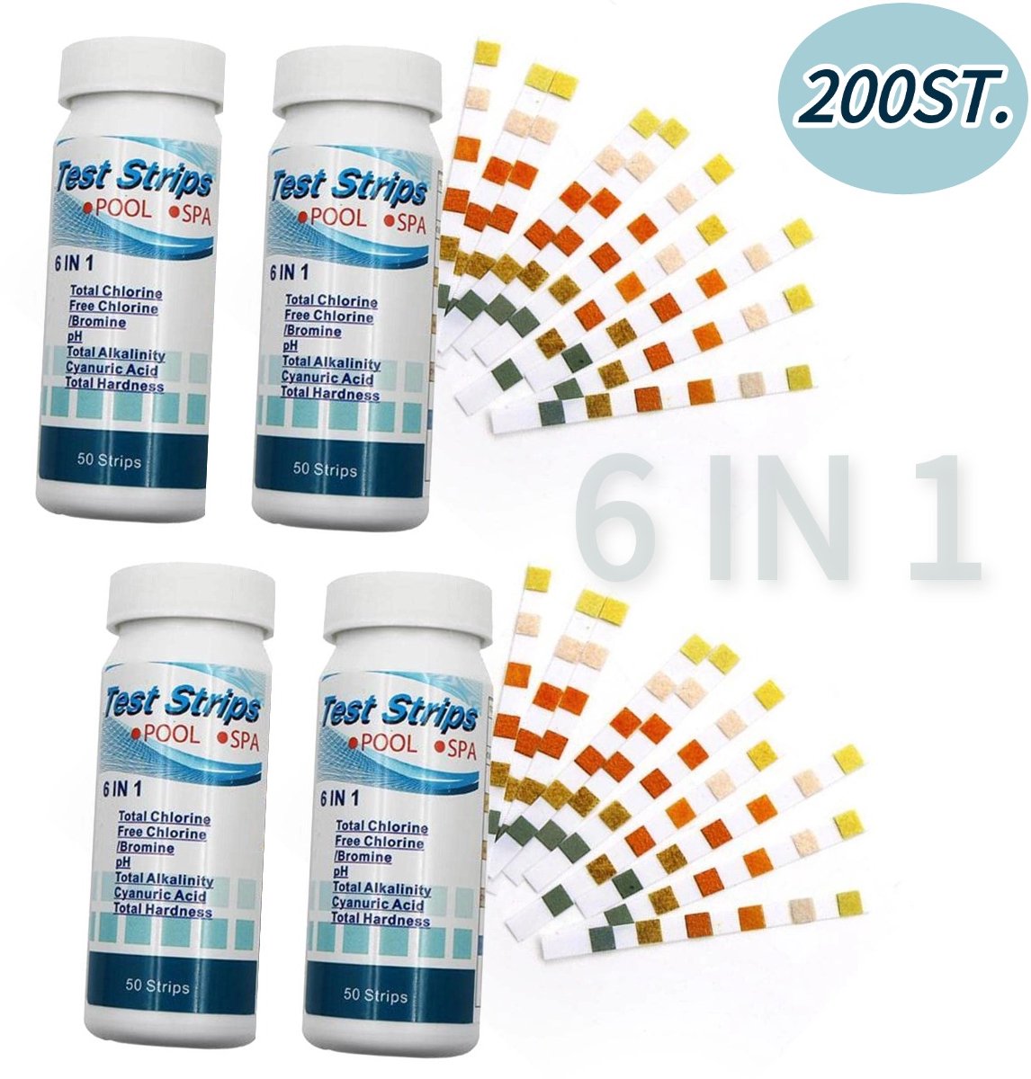 6-in-1 Watertester - 4 flessen - 200 Teststrips - Aquarium teststrips - Zwembad test strips - Waterkwaliteit - Zwembadonderhoud - voor het Totaal chloor, pH-waarde, restchloor, totale alkaliteit, totale hardheid，cyanuurzuurtestpapier