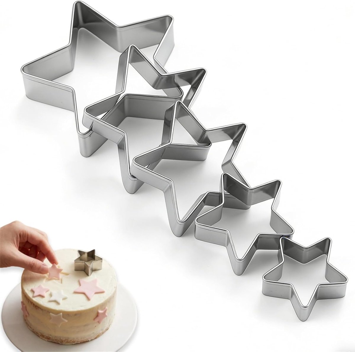 Koekjesvormpje - Stervormig - Bakgereedschap - Roestvrijstalen vorm - Inclusief 5 verschillende maten - Geschikt voor het maken van gebak voor Kerstmis, feestdagen, verjaardagsfeestjes, enz. - Zilver