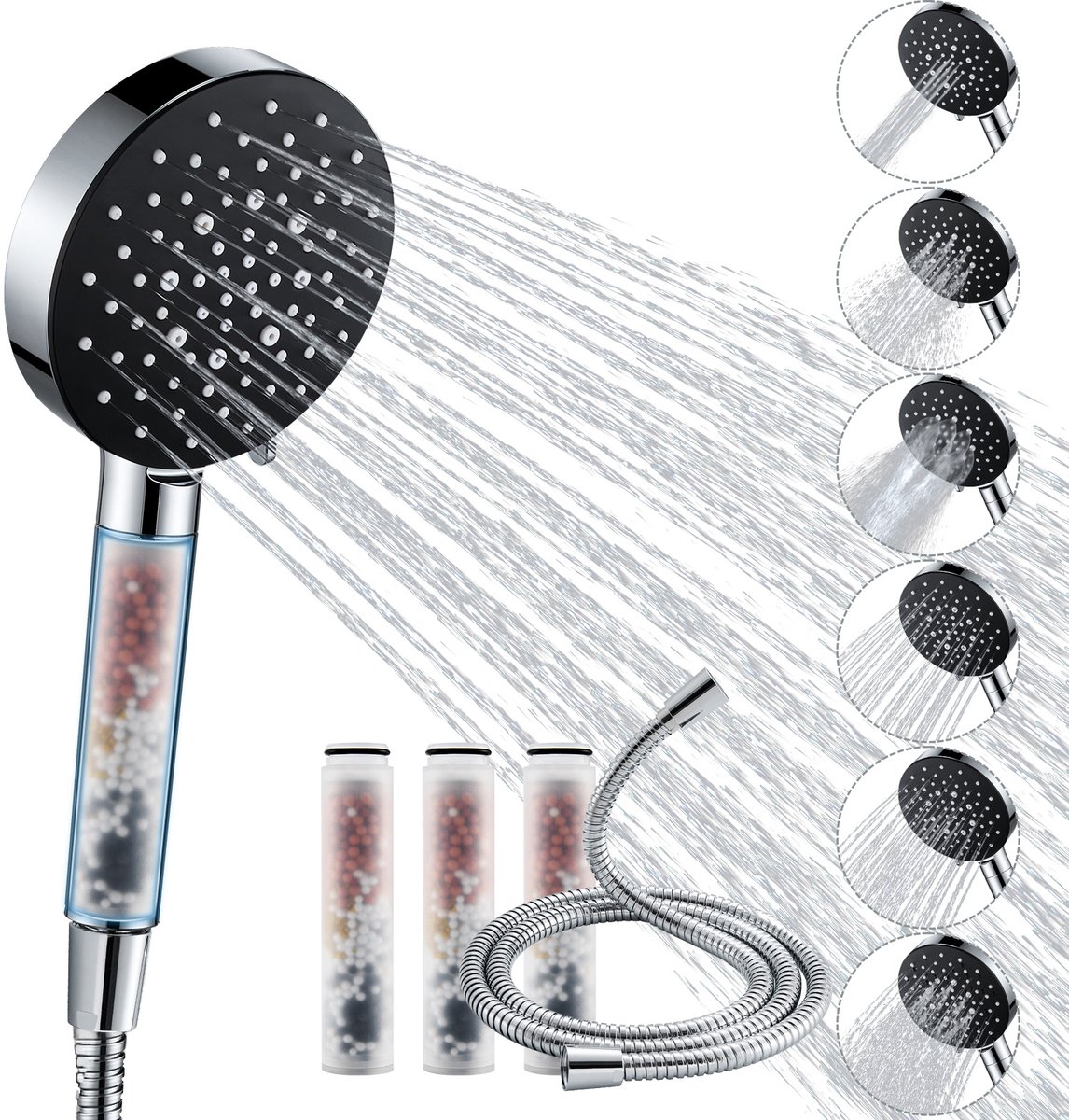 Auralum Max Douchekop met Filter en Slang - RVS - Hogedruk Handdouche - 6 Straalstanden & 4 Filters - Regendouche met Waterfilter - Doucheset - Waterbesparende - Chroom&Zwart