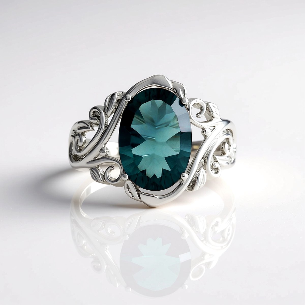Cavill - 925 Sterling Zilveren Ring met 5,7 Ct Petrolkleurige Fluoriet - Ovale Concave Cut - Elegante Blauwe Groene Edelsteen Ring