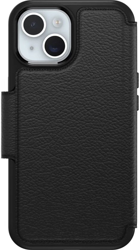 Zwarte OtterBox Strada telefoonhoes van echt leer, met gesloten flap en zichtbare cameralens.