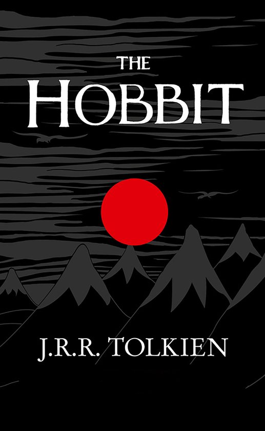 Couverture du livre "The Hobbit" par J.R.R. Tolkien, avec des montagnes noires, un cercle rouge et un ciel sombre et rayé.