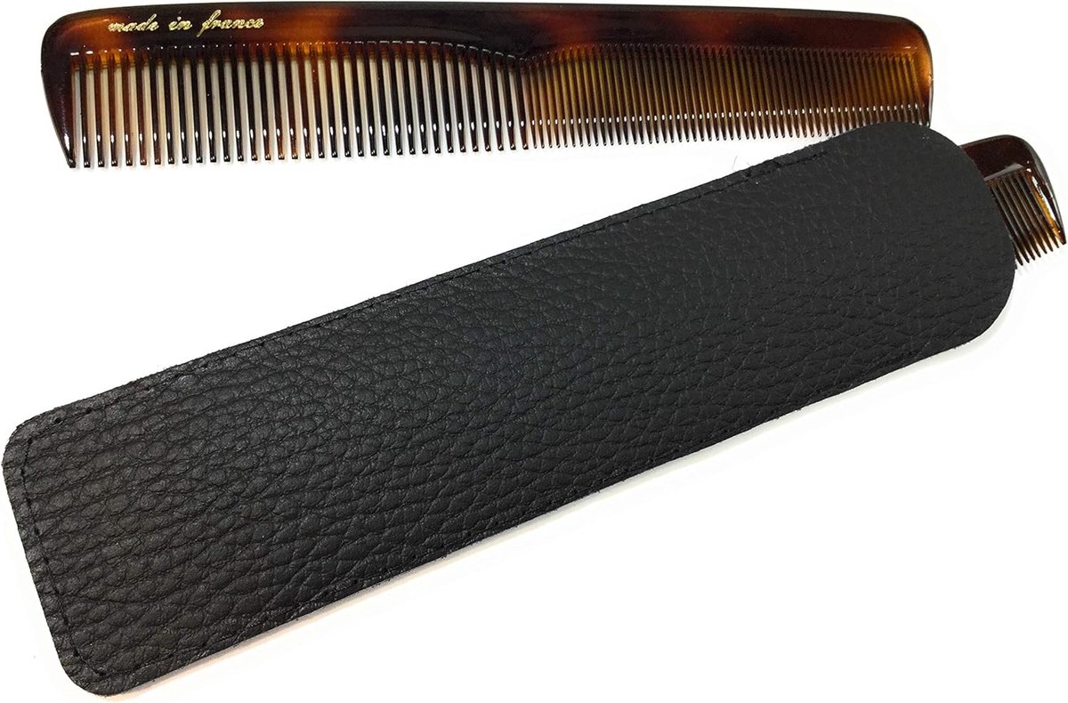 Thijox - Herenkam Acetaat Havanna-barnsteen 15,5 cm - Luxe Zakkam met Echt Lederen Etui - Baardkam voor Alle Haartypes - Ideaal voor Thuis en Reizen