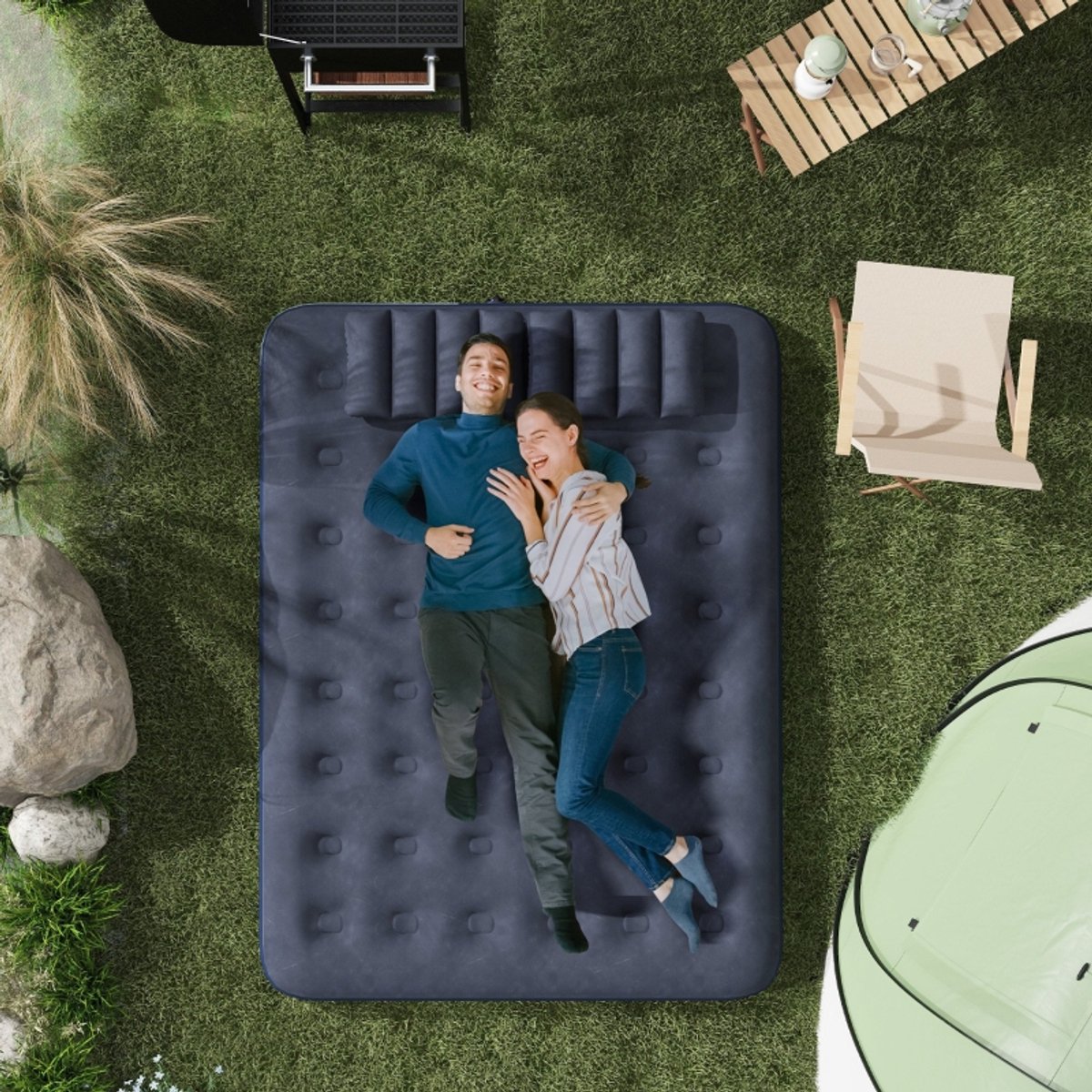 Luchtbed 203x152x22 cm – Tweepersoons Opblaasbaar Bed Met Ingebouwde Handpomp En 2 Kussens – Voor Camping En Gasten – Blauw