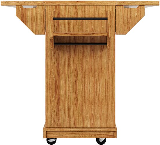 Zijaanzicht van een bruine buffetkast met verticale groeven, een opklapbaar tafelblad en een handdoekrek. De kast is voorzien van wieltjes.