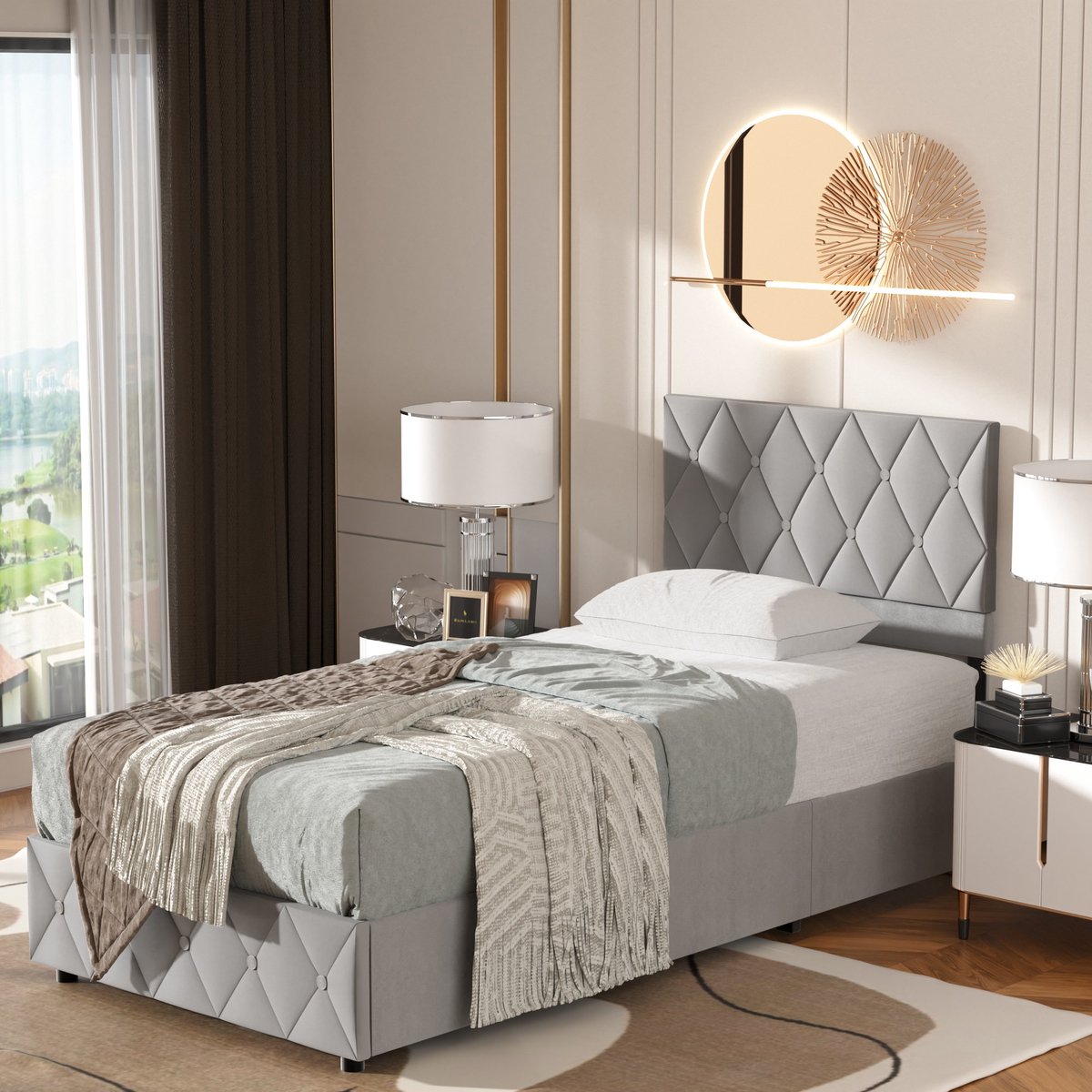 DESMIU Gestoffeerd Bed 90 x 190 cm - Eenpersoonsbed Met Opbergruimte - Stevig Lattenbodemframe - Comfortabel Hoofdbord - Grijs - Zonder Matras Tweepersoonsbedden